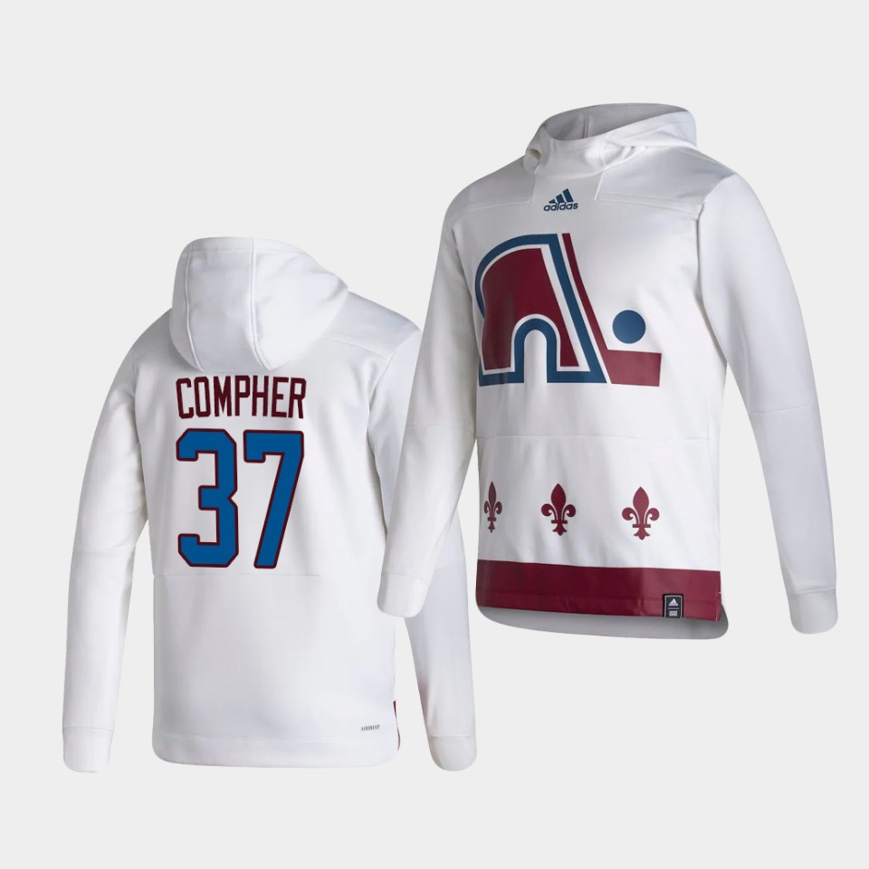 Men Colorado Avalanche #37 Compher White NHL 2021 Adidas Pullover Hoodie Jersey